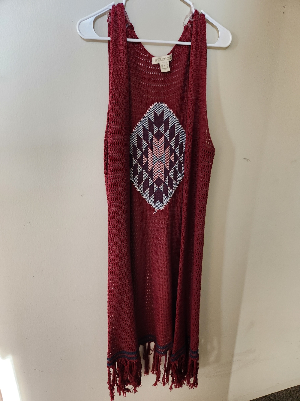 Stetson Women's Wine Red Crochet Vest with Geometric Embroidery L Large